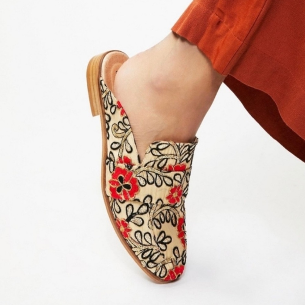 Free People Embroidered Cream Mules with Red Floral Detail